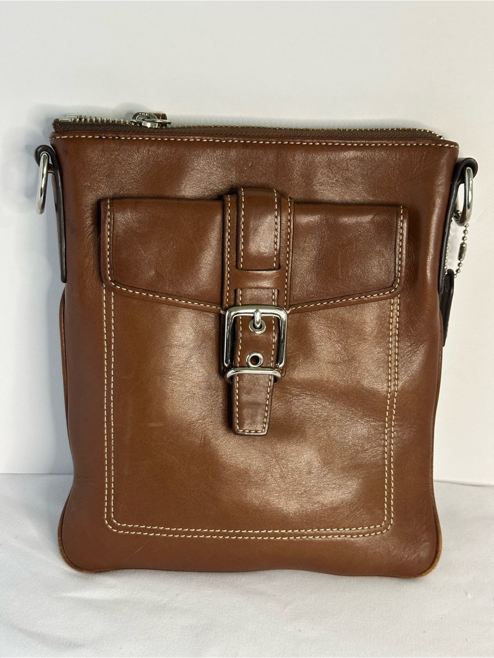Coach Hampton Vintage Brown Leather Crossbody with Front Buckle Pocket